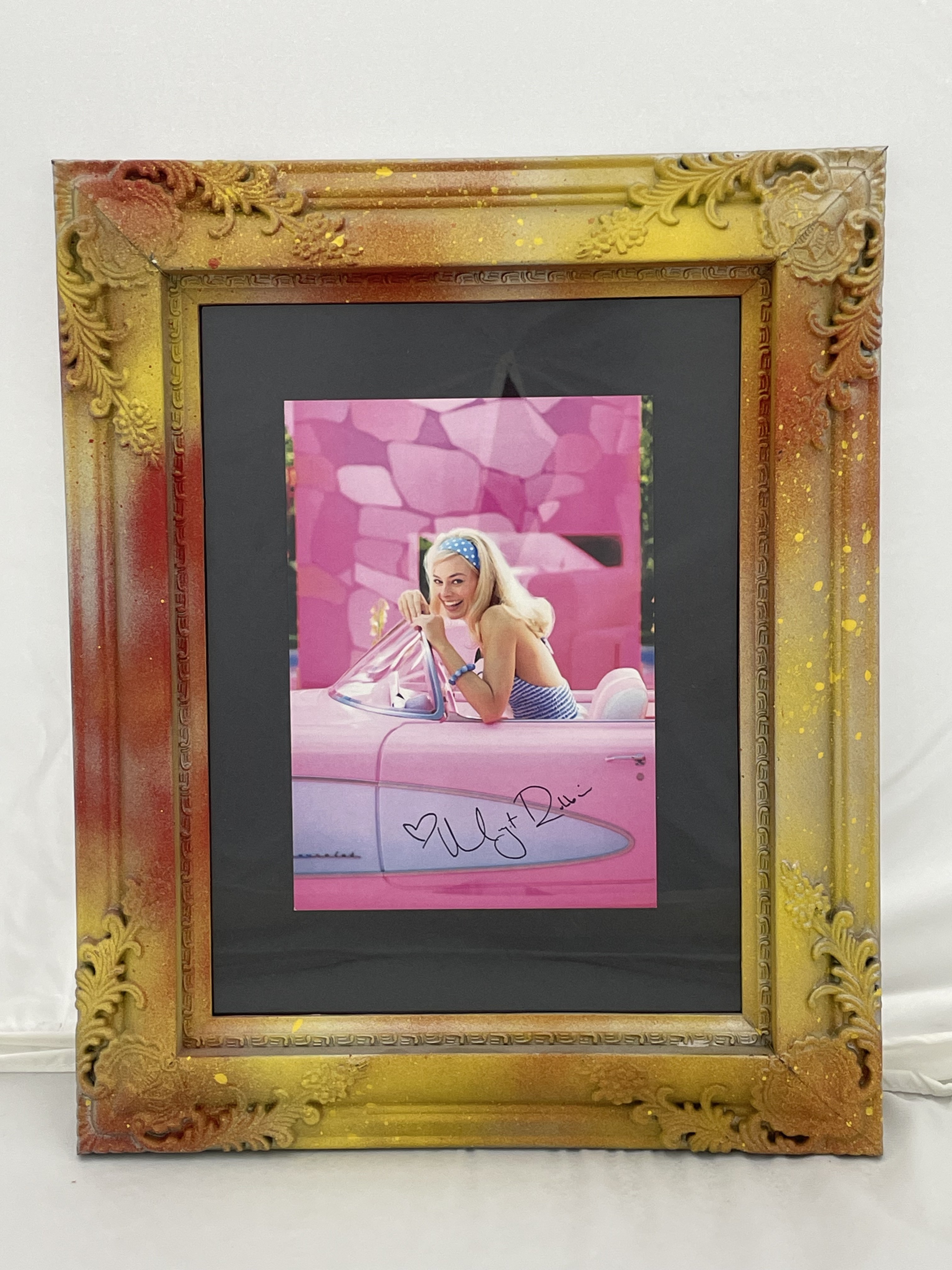 Margot Robbie signed Barbie postcard in ornate gold frame
